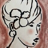 Signed painting in Indian ink and pastel, female portrait “study with a curl”