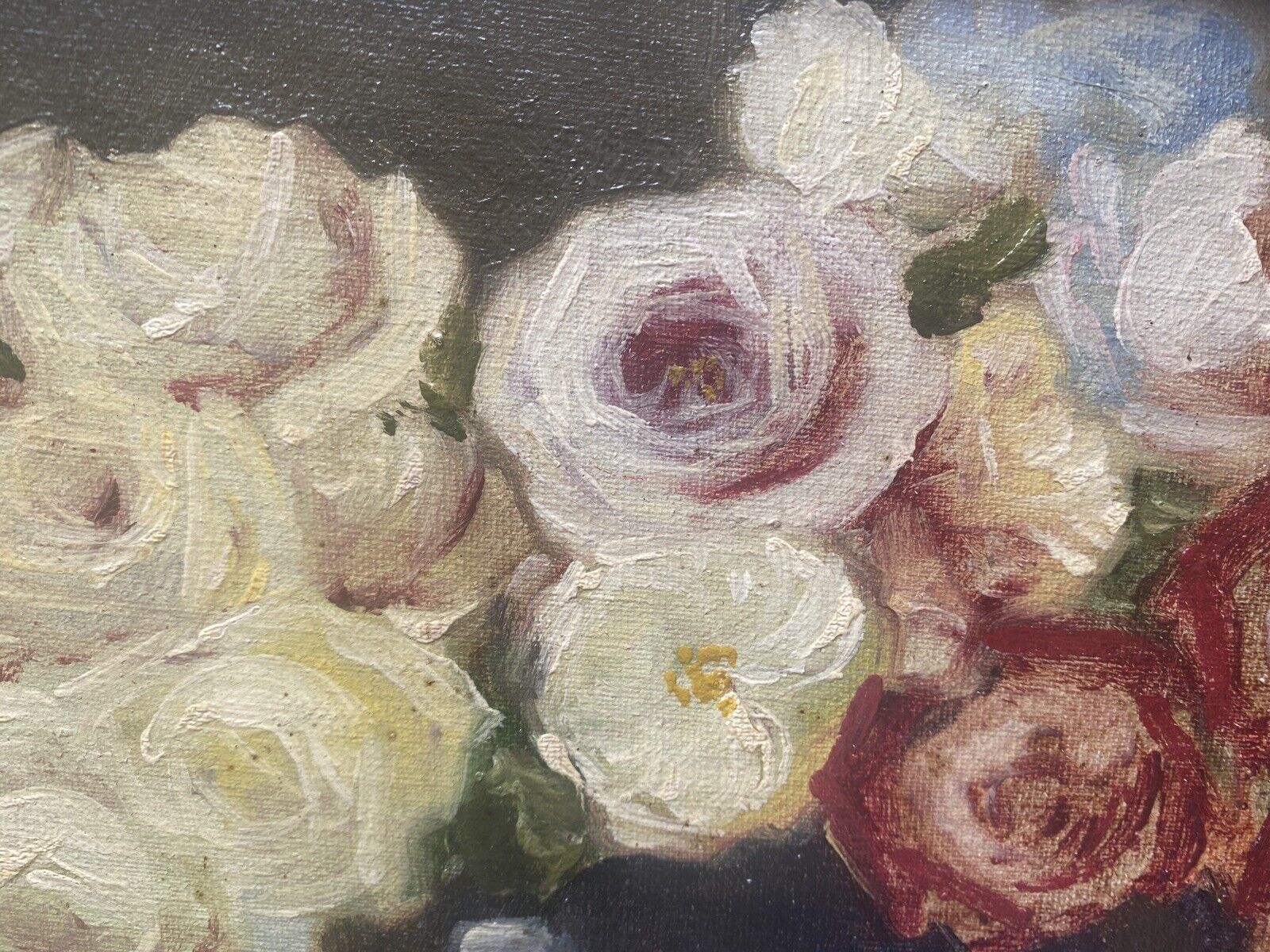 Tableau bouquet de roses signé Dworak début 20e + Cadre Post Impressionniste