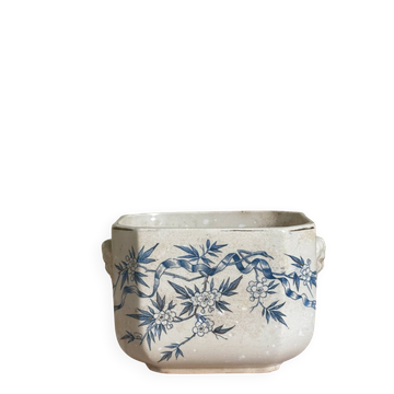 Old faience sugar bowl base with a patinated blue floral pattern from Digoin.