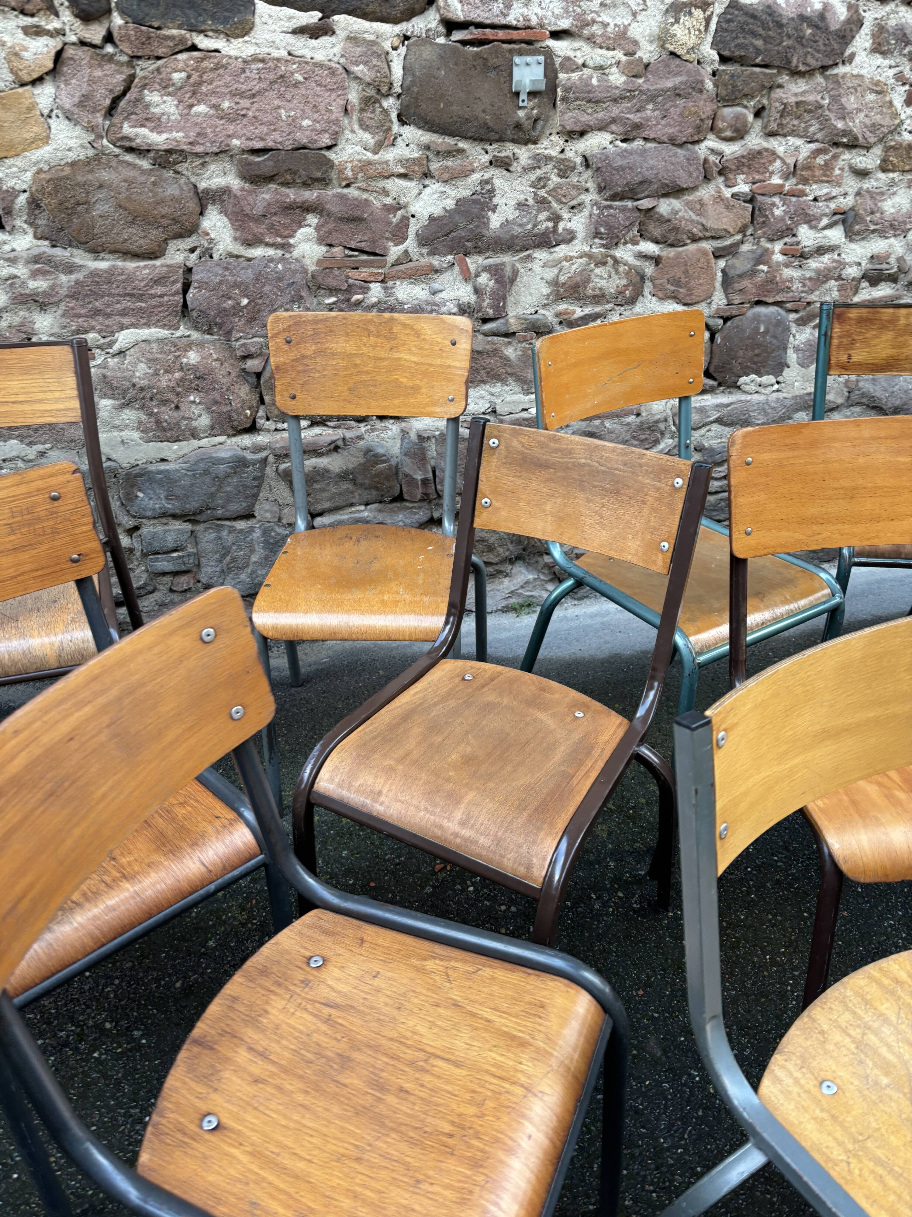 30 mismatched vintage industrial school chairs MULLCA tube & wood