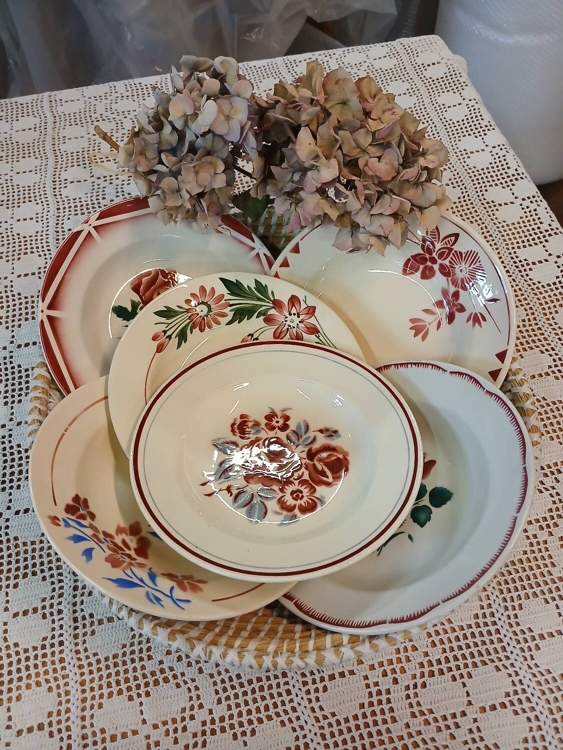 6 mismatched antique soup plates