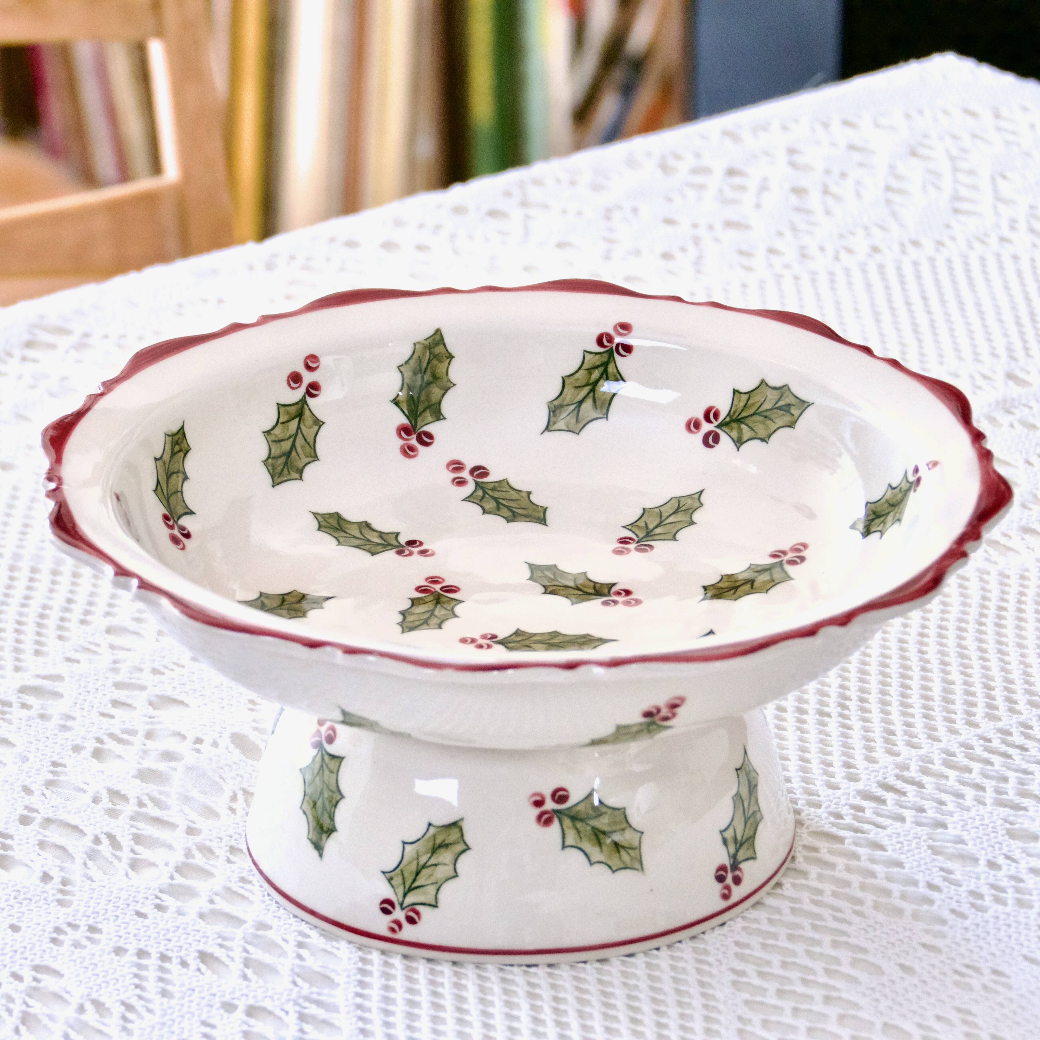 Large hand painted earthenware footed bowl Christmas decor