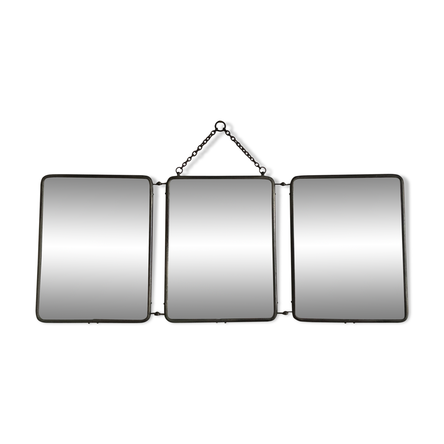 Ancient barber mirror, tryptic brass mount 60x24cm