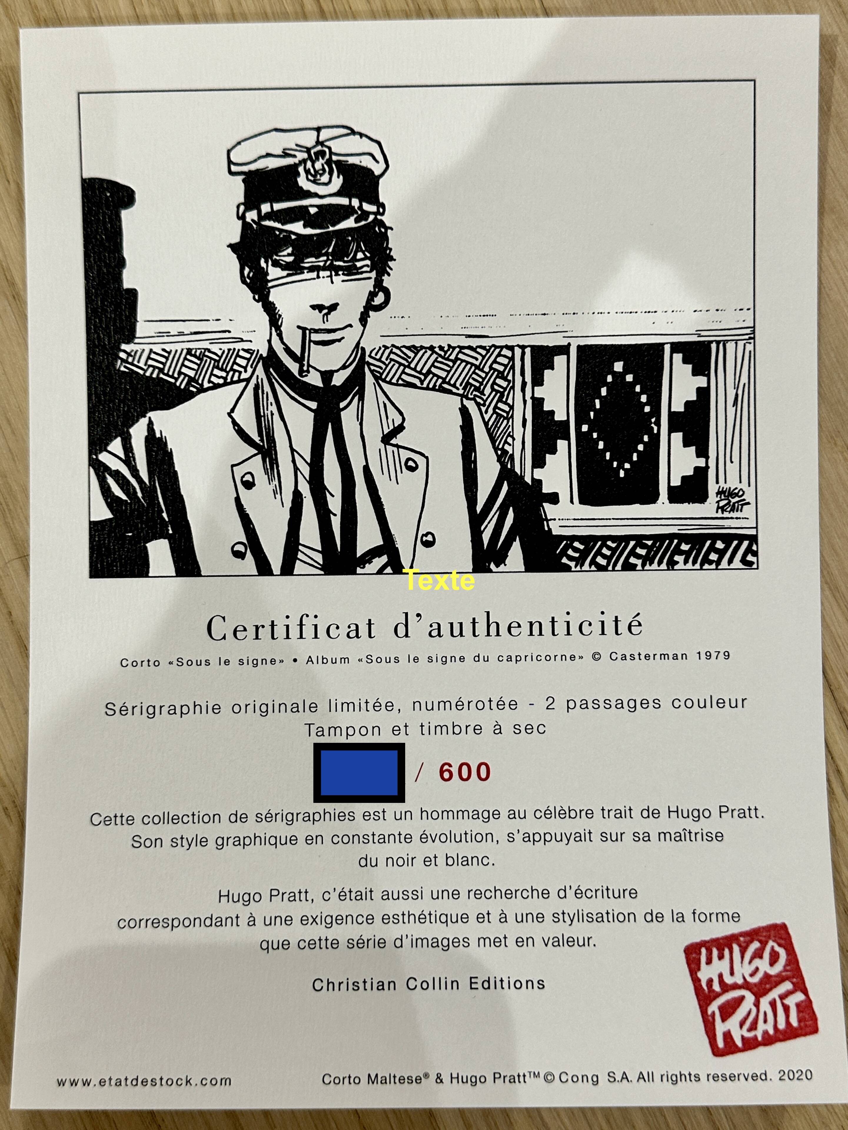 Sérigraphie originale - Hugot Pratt - Corto Maltese - numérotée + certificat authenticité