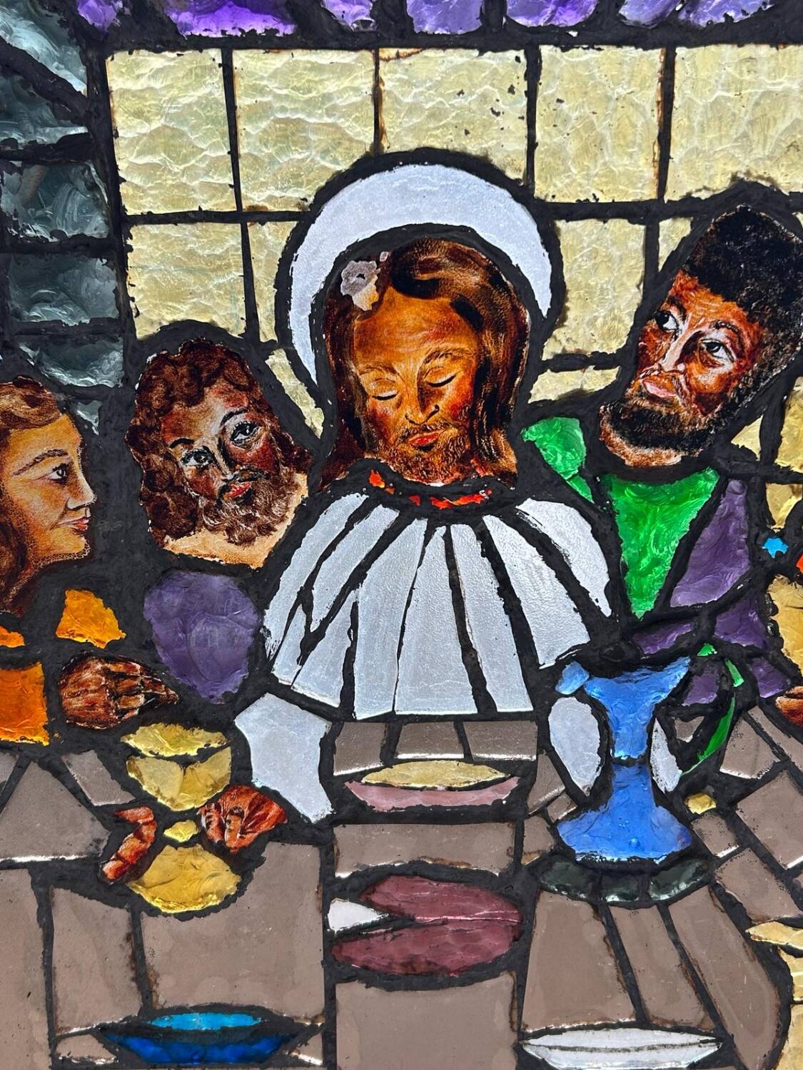 Large stained glass window the last supper circa 1960 - raw glass blocks - h 119 x l 161 cm