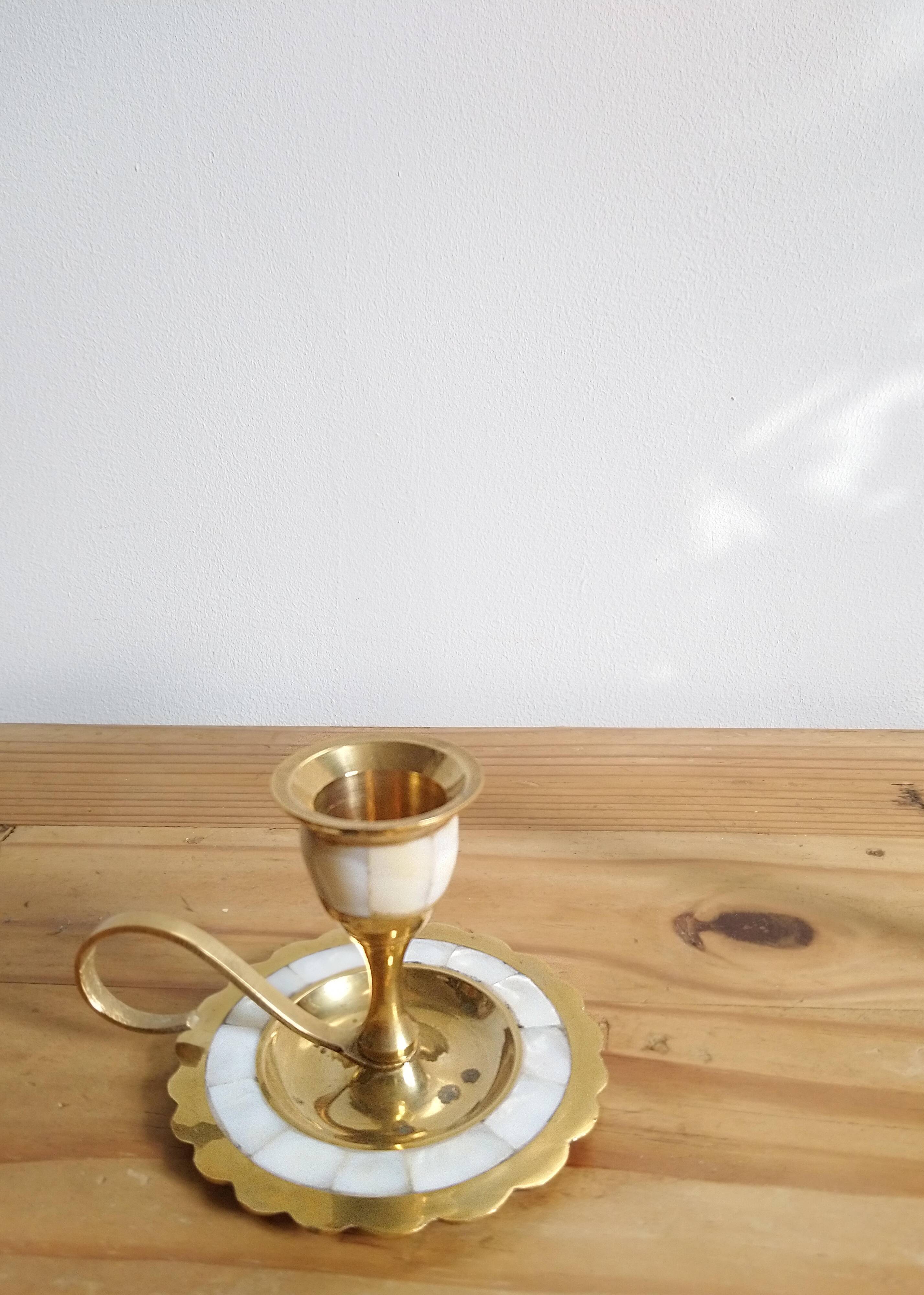 Brass and mother-of-pearl bougeoirs