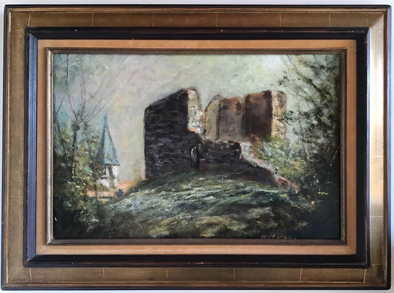Antique landscape painting signed M Cornu from the 1980s