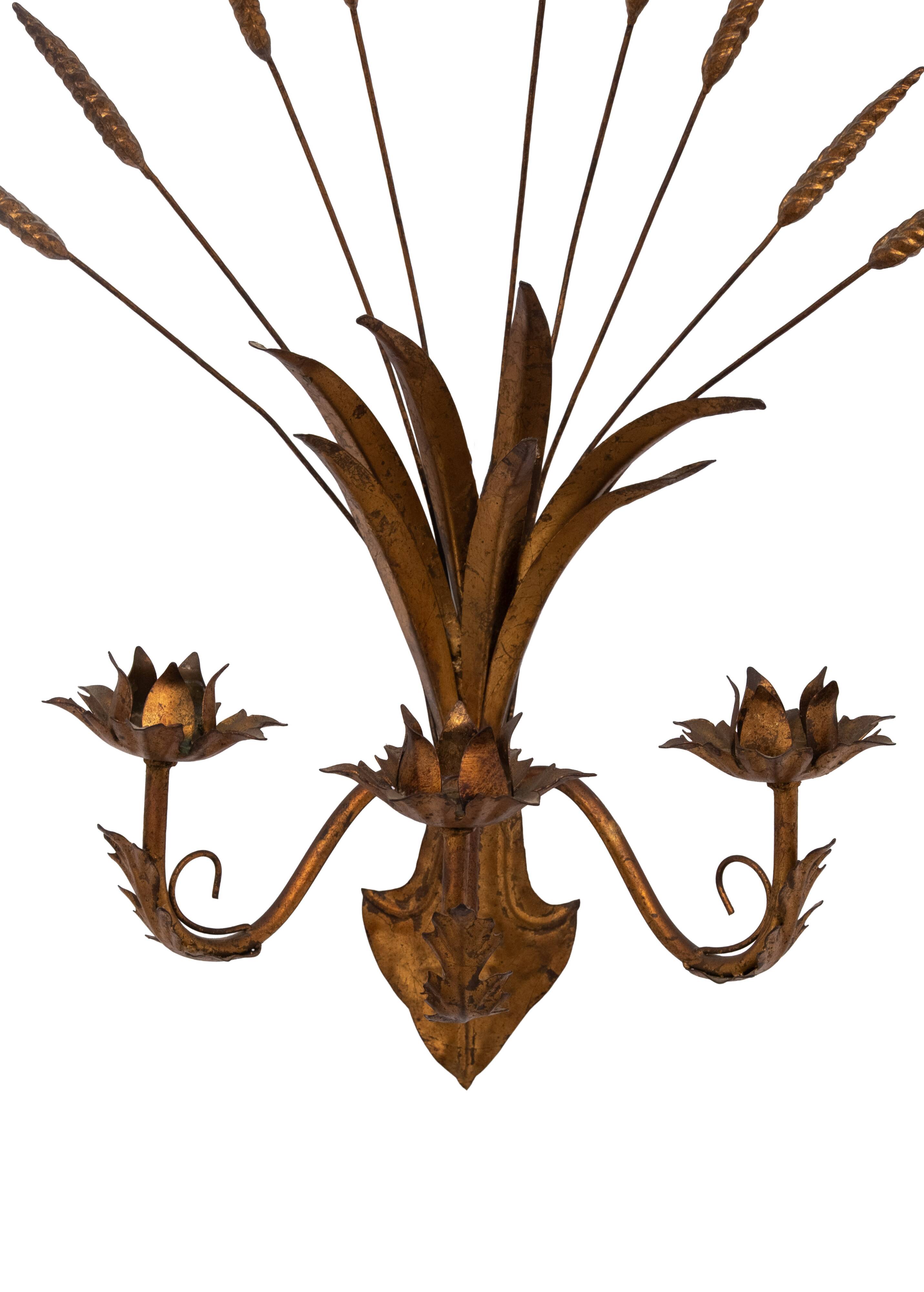 Stunning Italian Gilt Metal Wheat Sheaf candle Wall Sconce 1950s