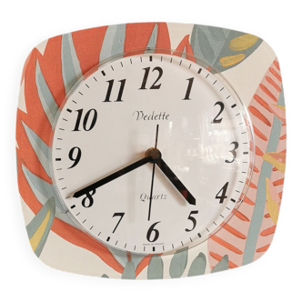 Horloge formica vintage pendule murale silencieuse rectangulaire "Vedette rose corail vert"