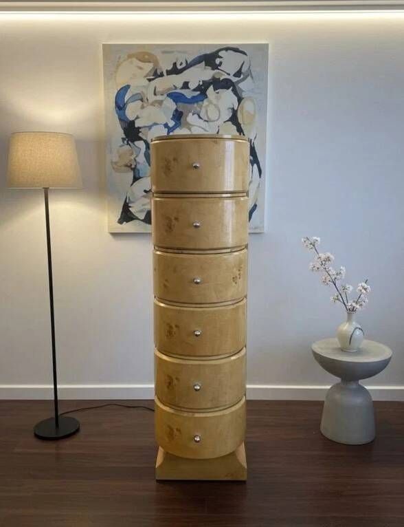 Art Deco Column Weekly Planner – Birch Burl Veneer, 6 Drawers