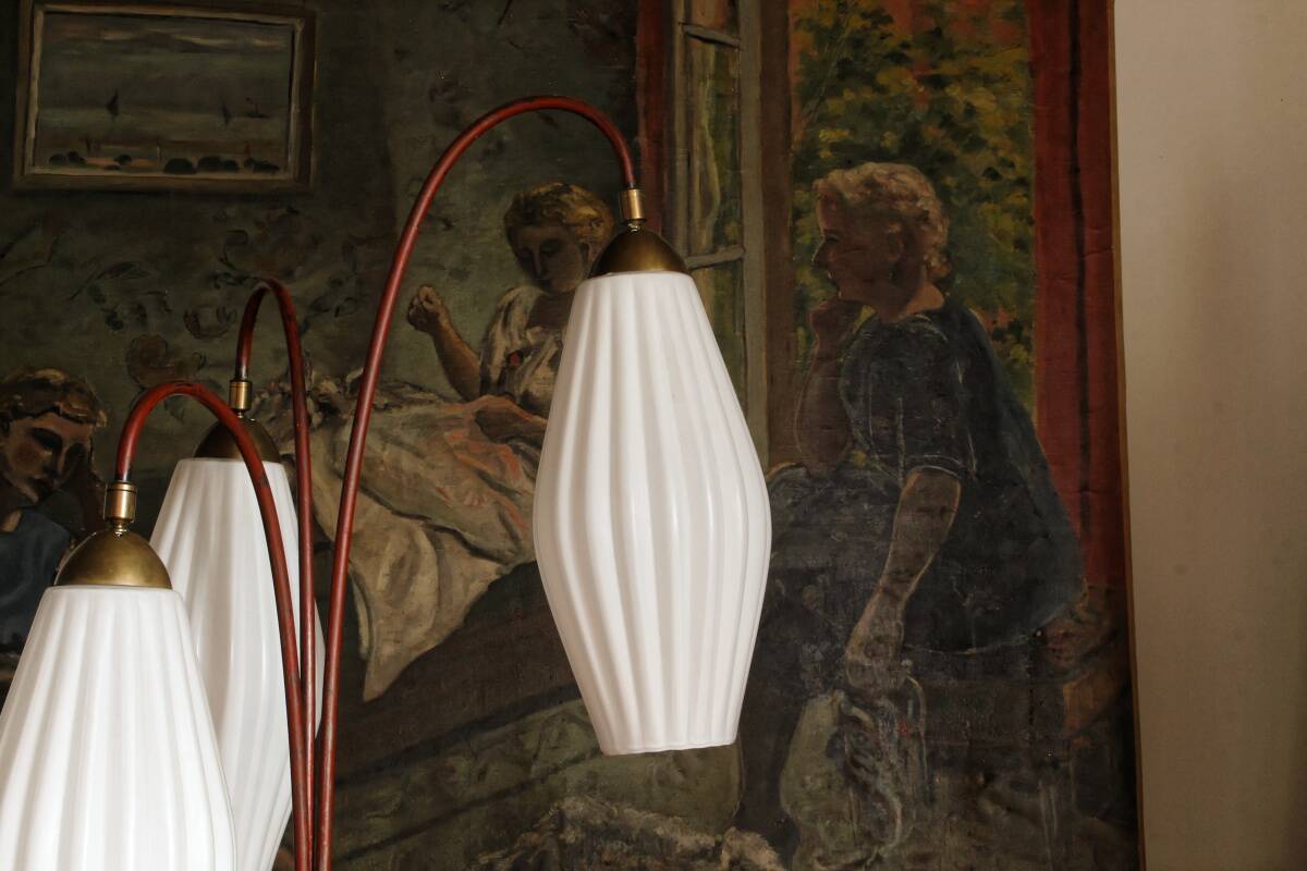 Lampadaire Lunel, 3 tulipes en verre blanc