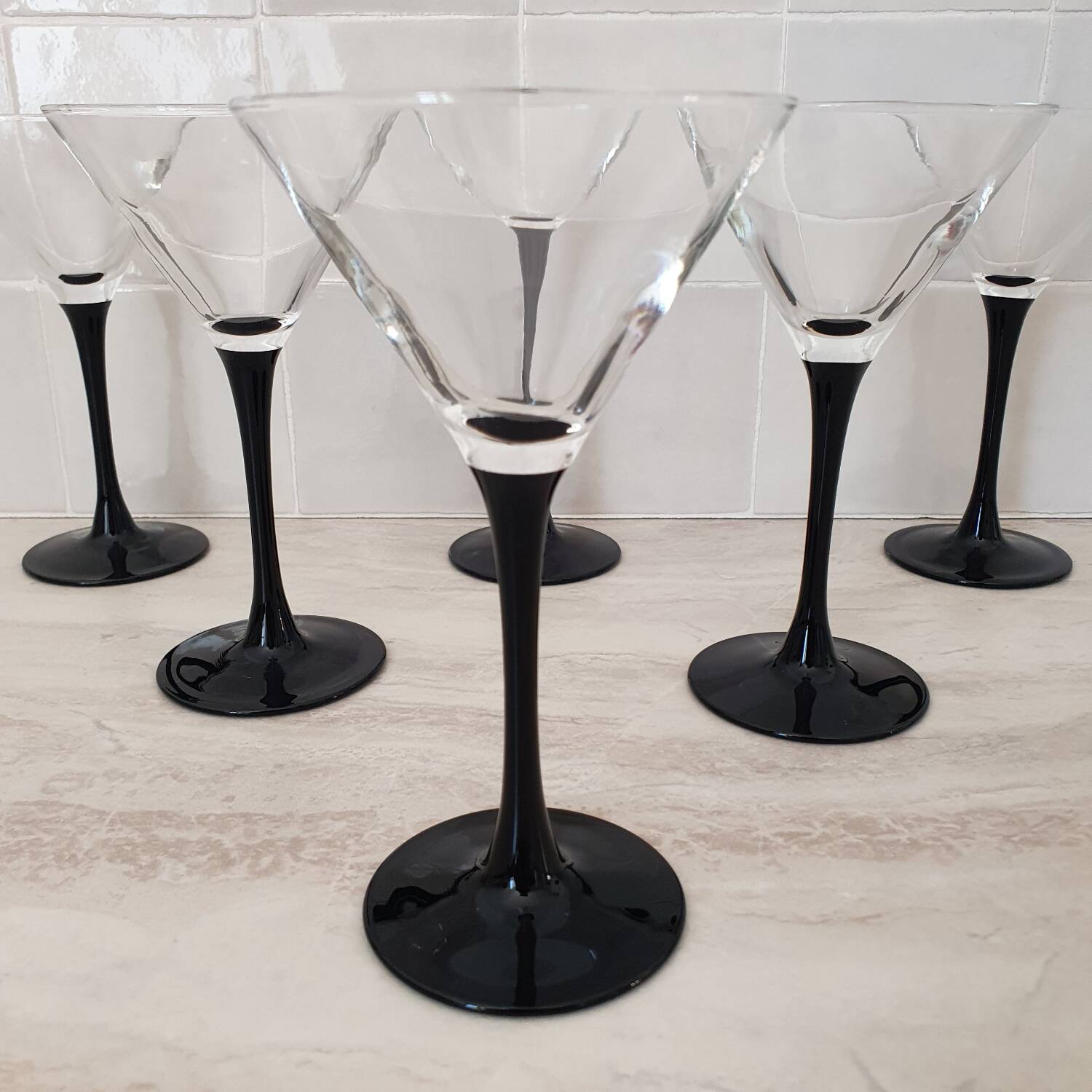 6 cocktail glasses / black stem martini glasses