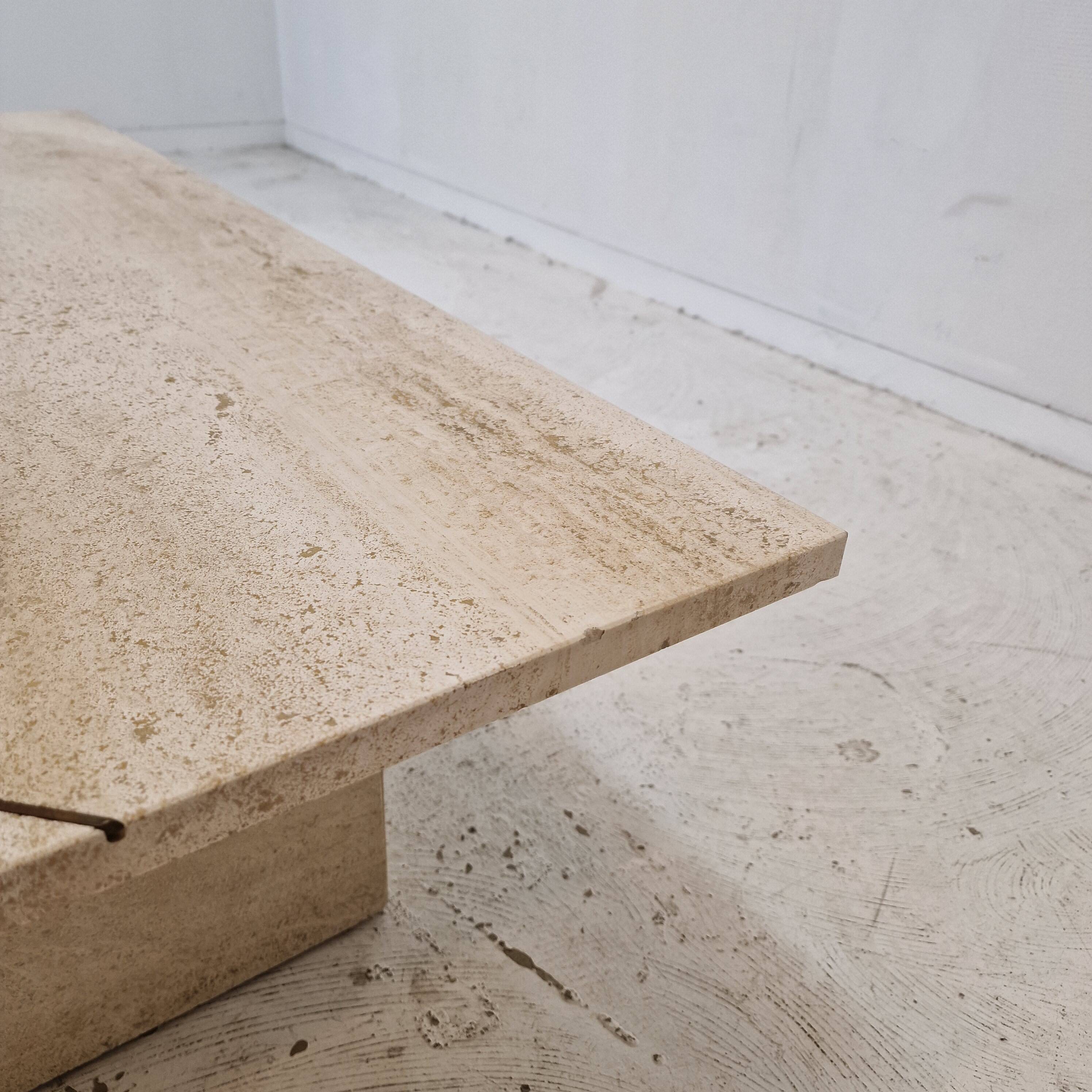 Rectangle Travertine Coffee or Side Table with Brass, Italy 1980s
