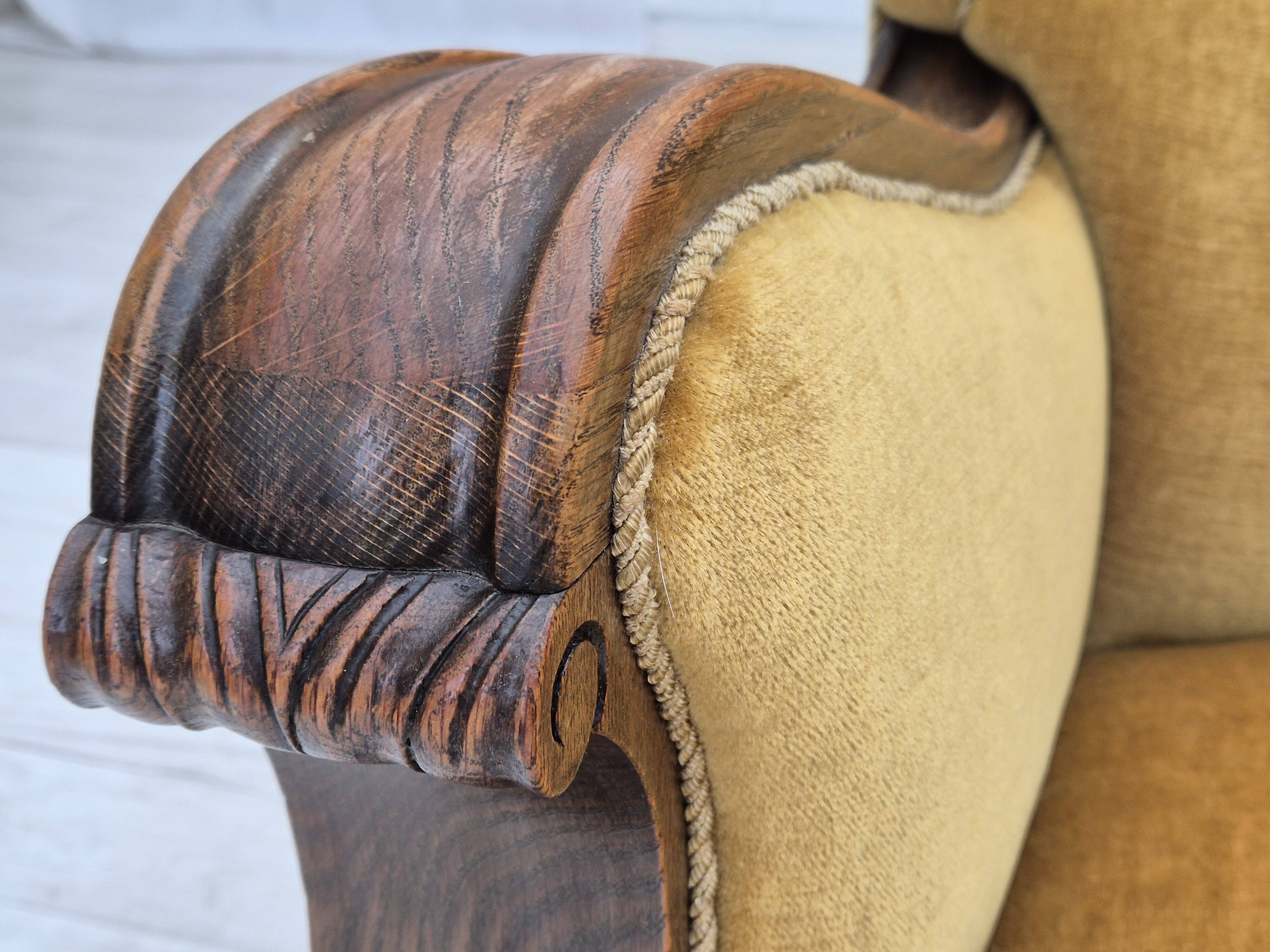 1960s, Danish relax armchair, yellow-honning furniture velour, oak wood.