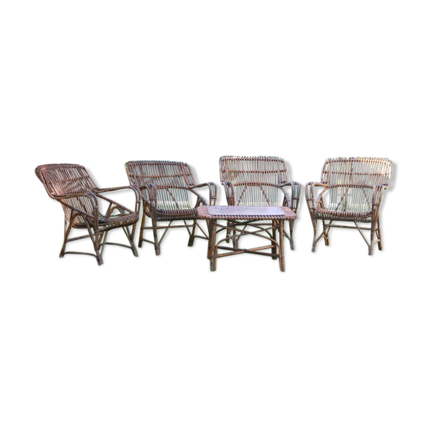 Vintage rattan lounge set 4 armchairs and table
