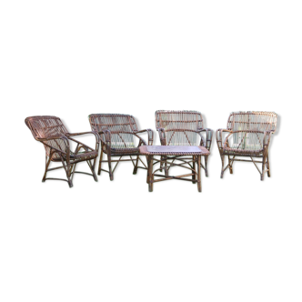 Vintage rattan lounge set 4 armchairs and table