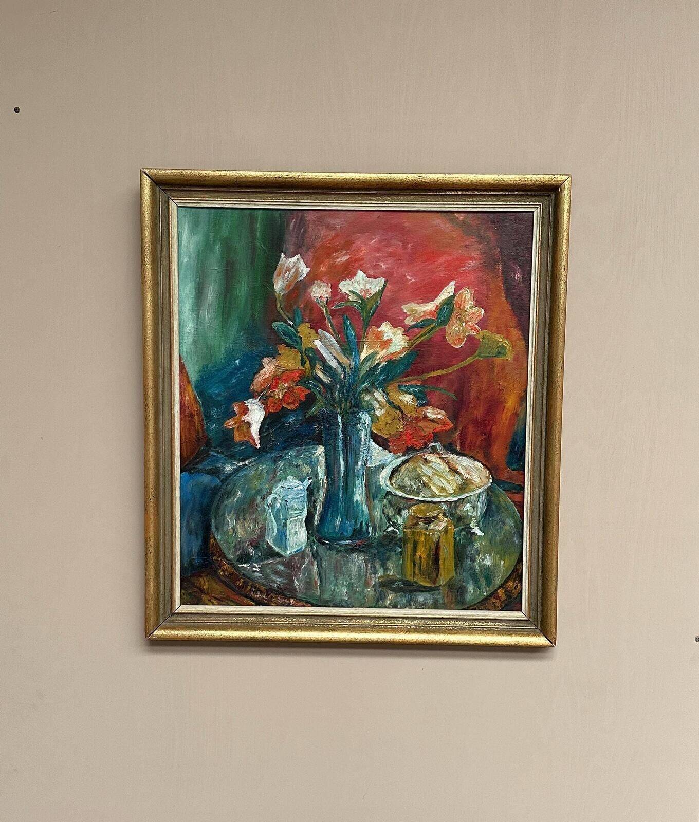 Original Scandinavian Oil On Panel – Unknown Artist – “Vase” – Vintage & Framed – 70 × 79 Cm