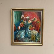 Original Scandinavian Oil On Panel – Unknown Artist – “Vase” – Vintage & Framed – 70 × 79 Cm