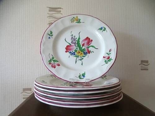 Kg luneville "réverbère" 6 flat plates earthenware hand-painted flowers ø25.5 cm