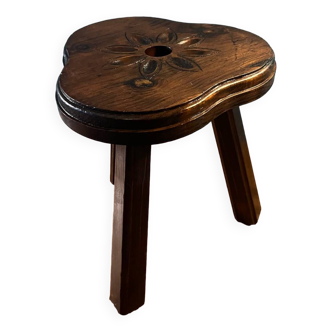 Tripod oak stool with floral decoration