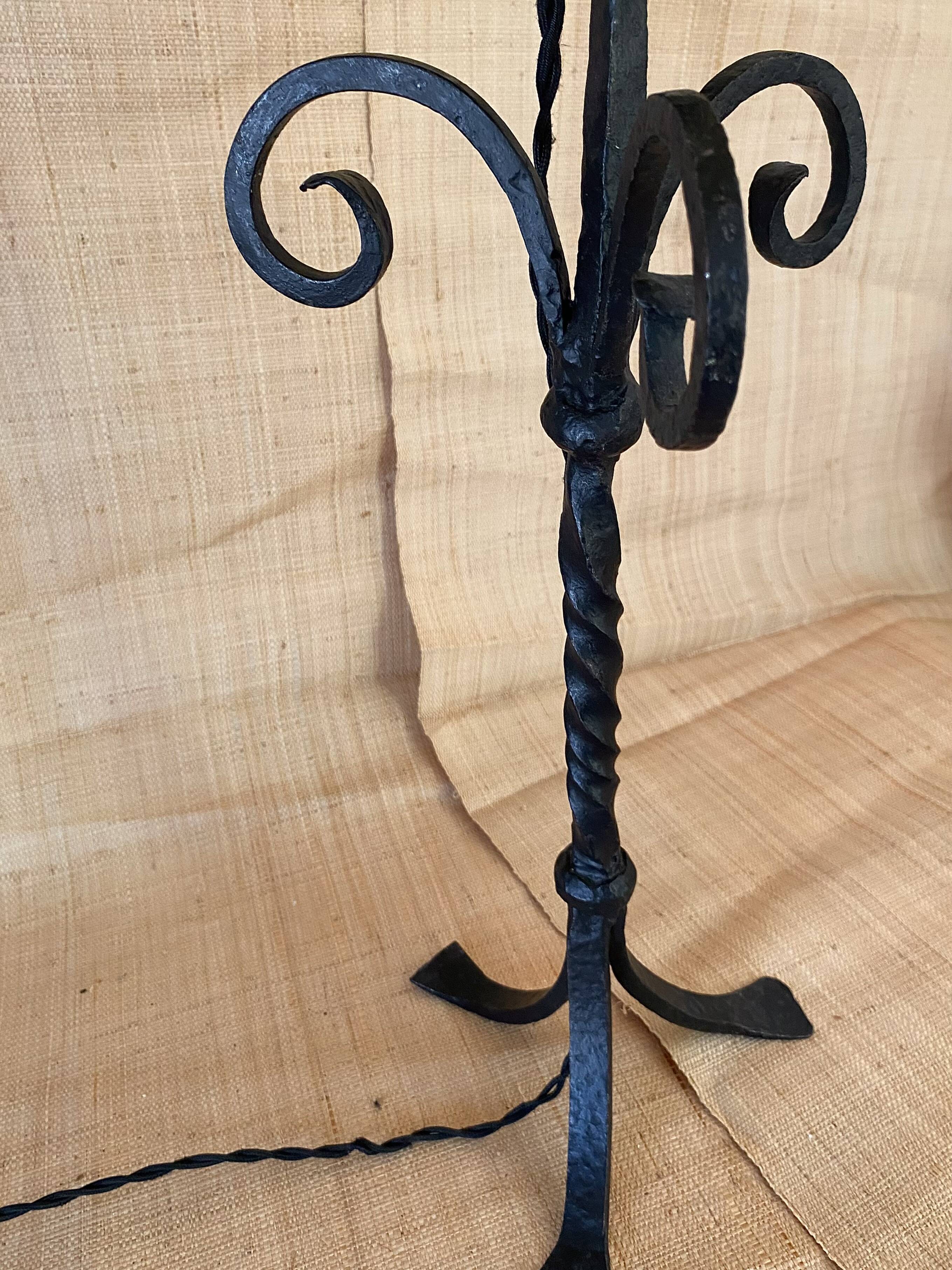 1970s wrought iron lamp, new 2m fabric cable, lampshade.