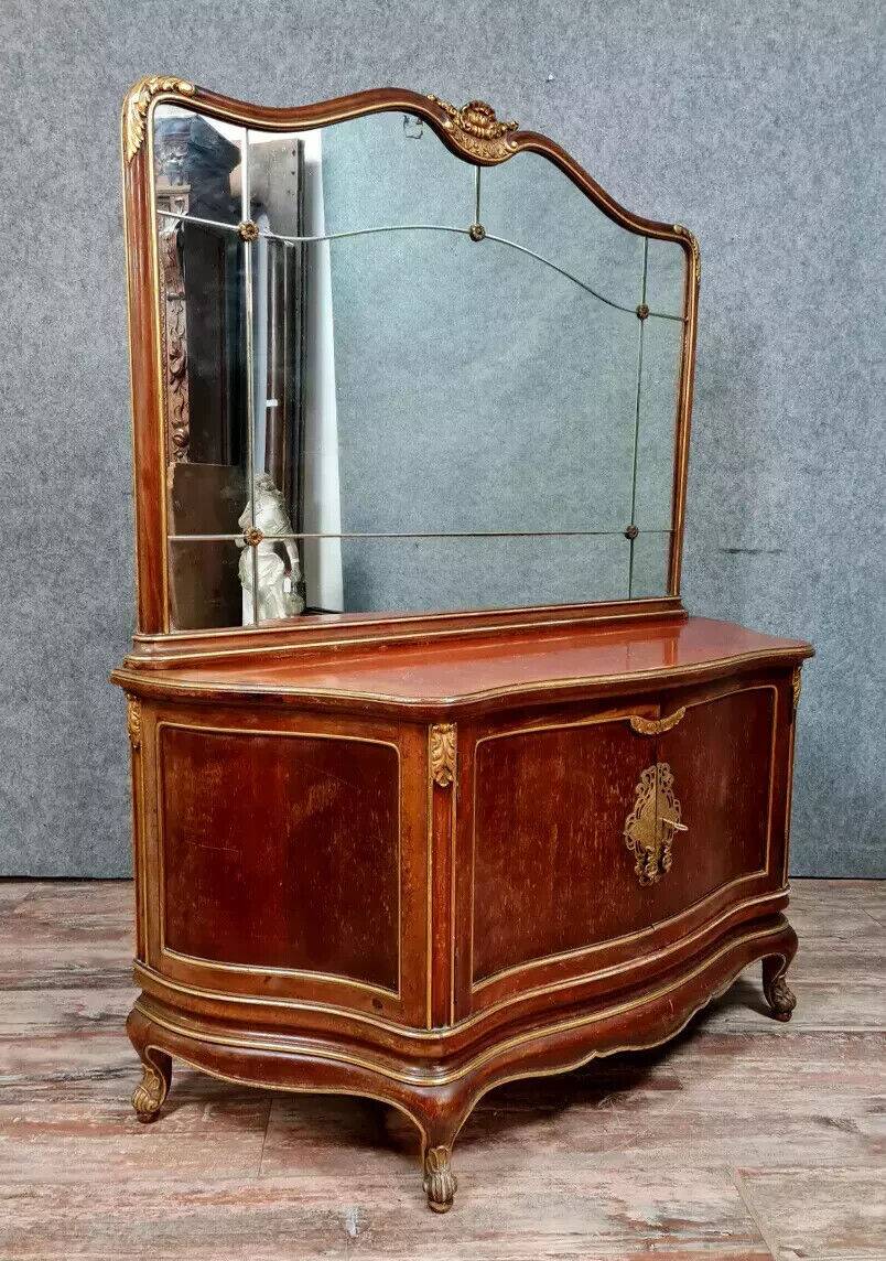 Japanese-style curved door chest of drawers in mahogany and gilded wood sold with its psyche mirror