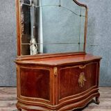 Japanese-style curved door chest of drawers in mahogany and gilded wood sold with its psyche mirror
