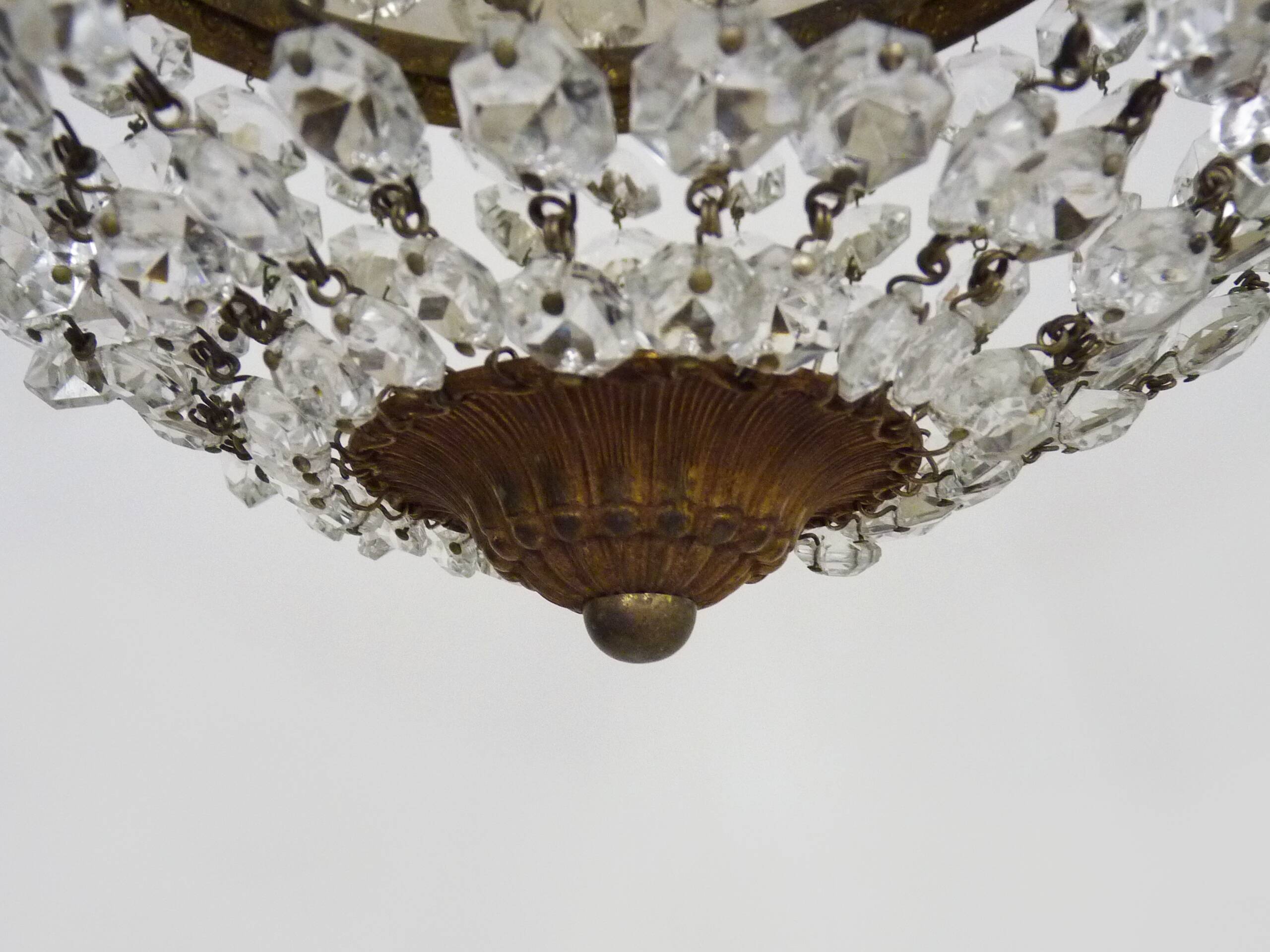 Old crown ceiling light with 3 lights, half basket with glass pendants. 60