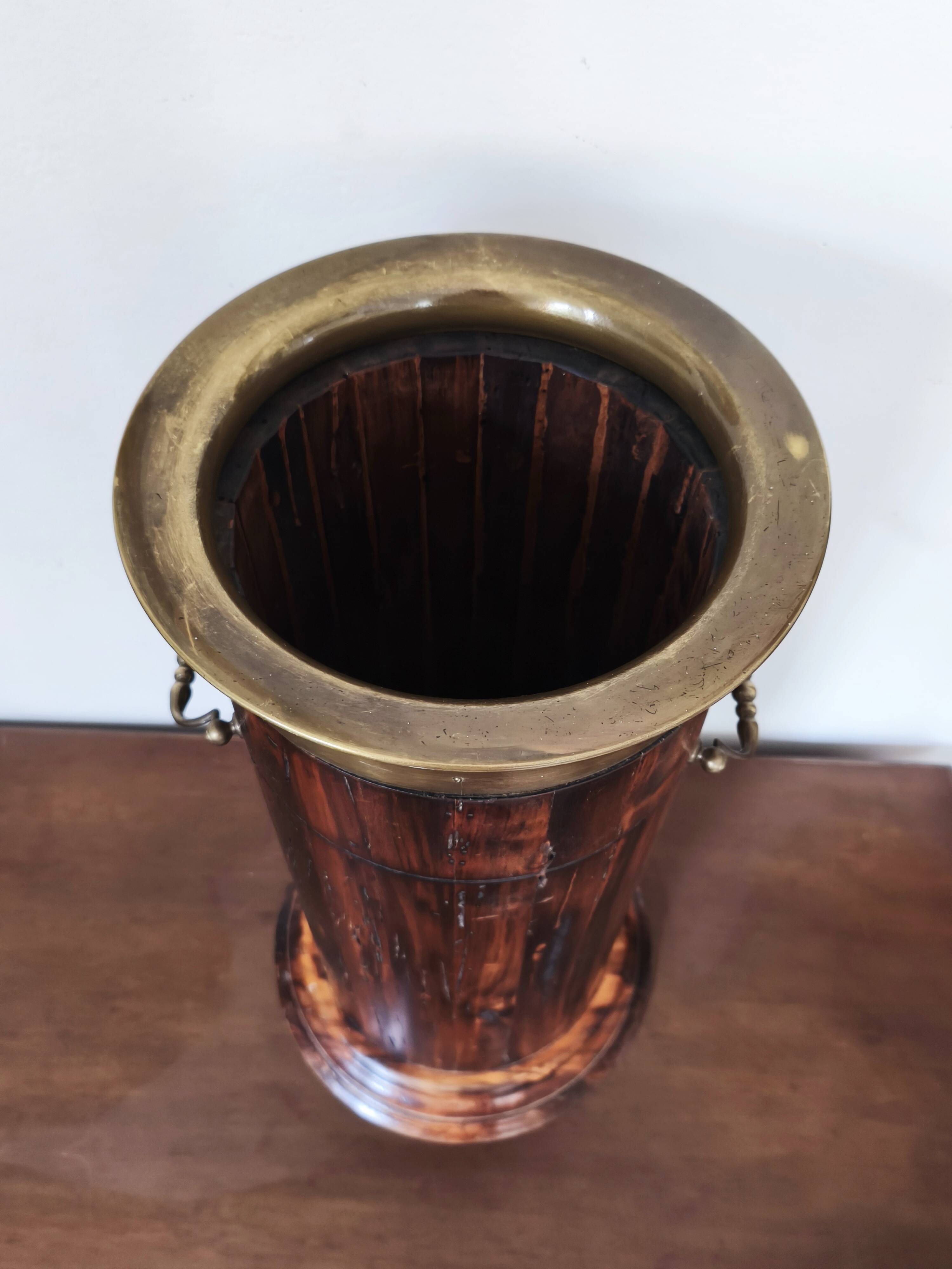 Vintage Florentine umbrella stand made of reclaimed wood and brass.