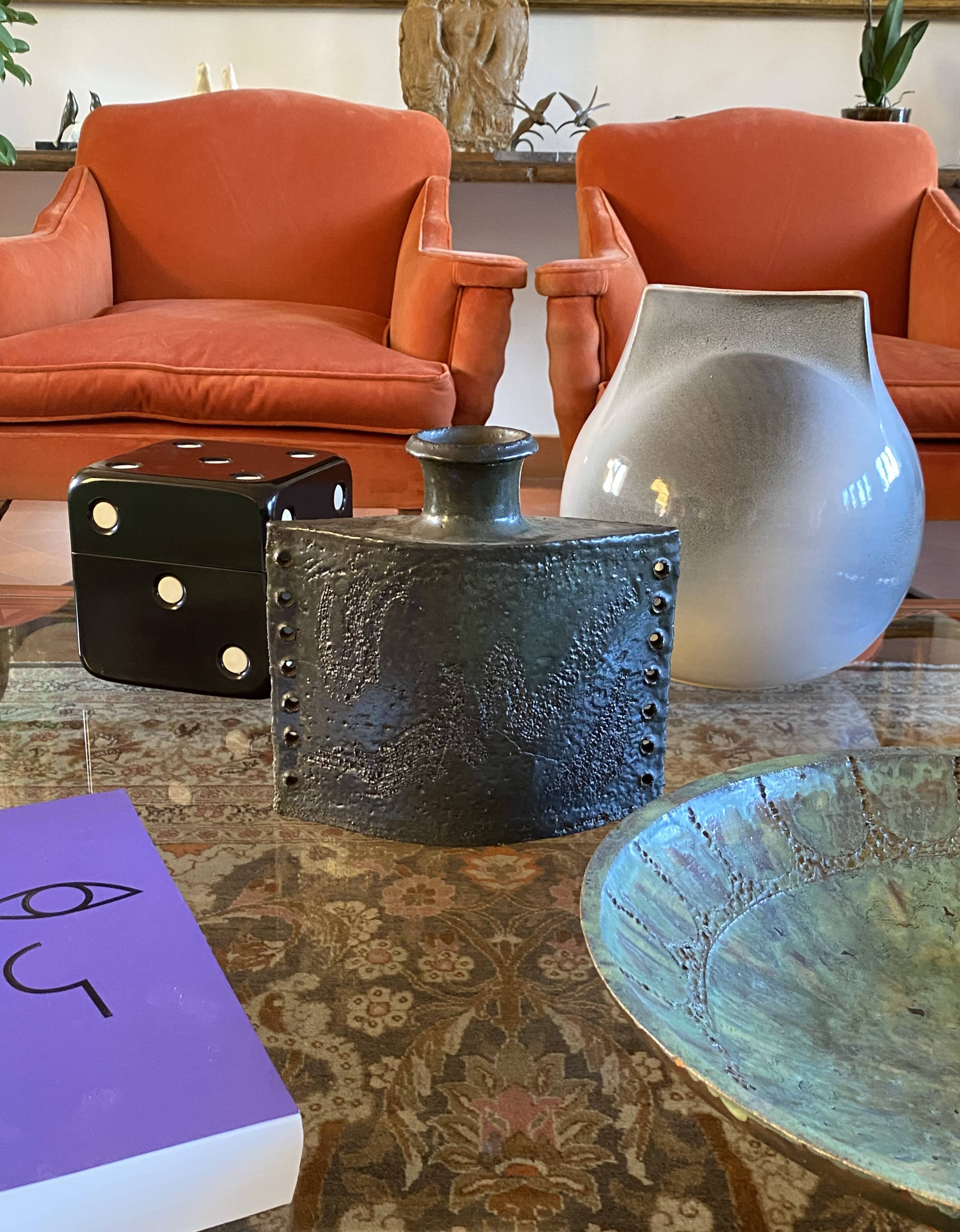 Dark green brutalist ceramic vase, Italy 1980s