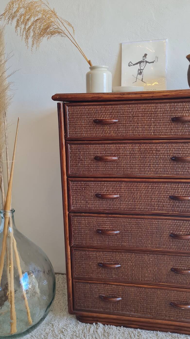 Commode en rotin vintage circa années 70
