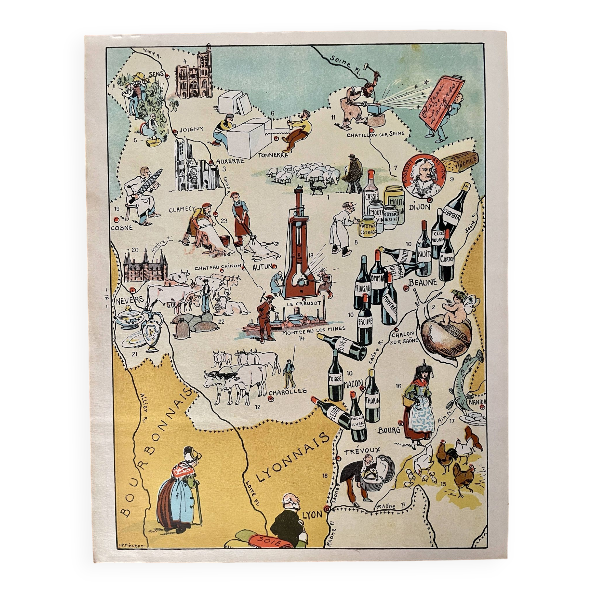Old illustrated map of Burgundy from 1945 by JP Pinchon
