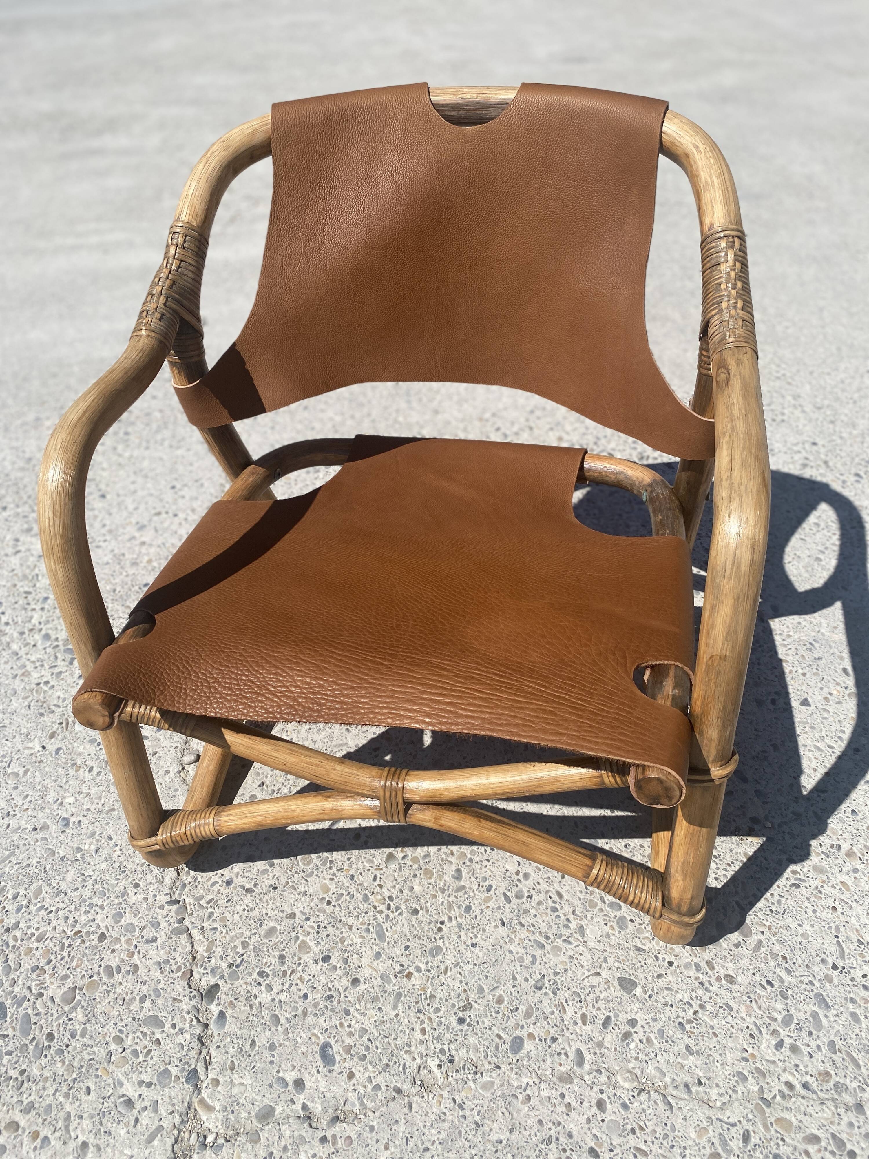 Mid-century bamboo and leather safari armchair, Denmark, 1960s