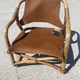 Mid-century bamboo and leather safari armchair, Denmark, 1960s