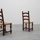 Set of 8 Brutalist Mid-Century Chairs in Wood and Wicker, Belgium ca. 1970