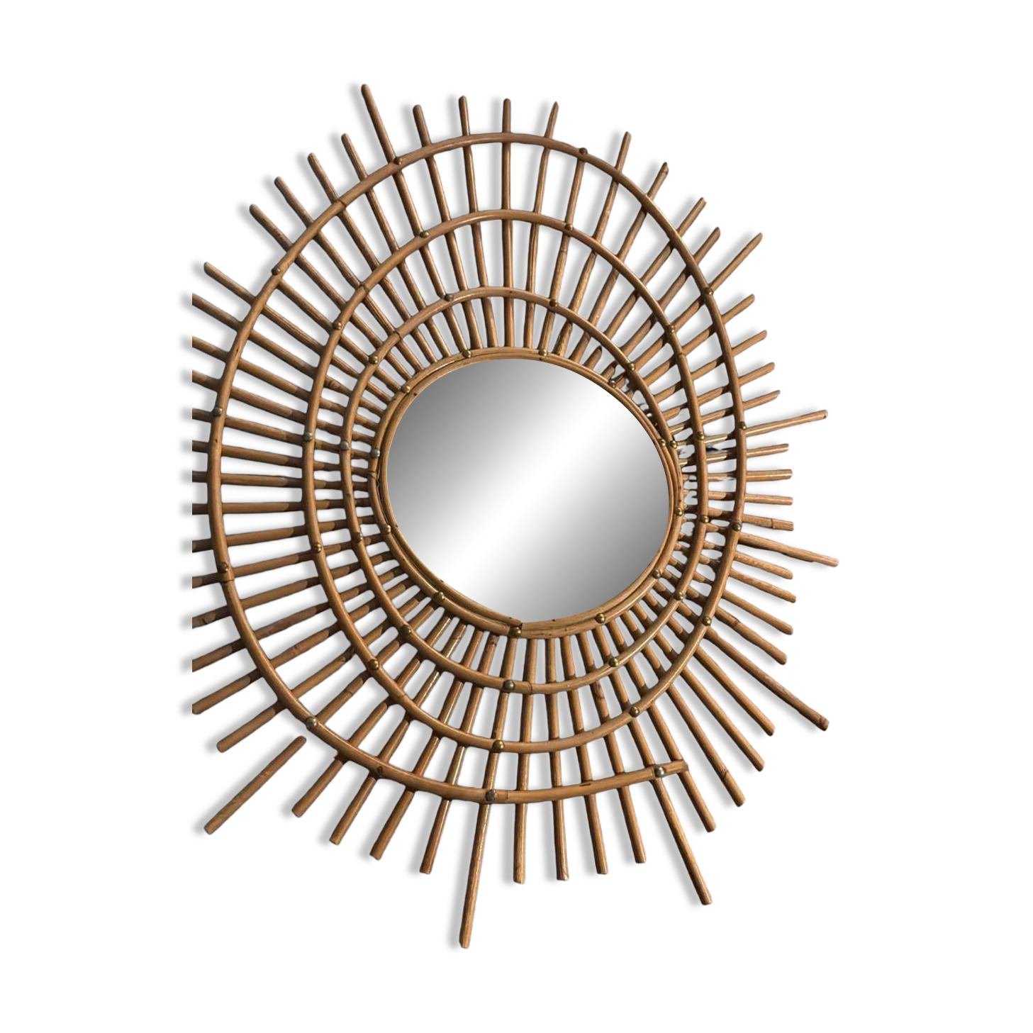 Miroir mural vintage bambou & laiton – France, circa 1950