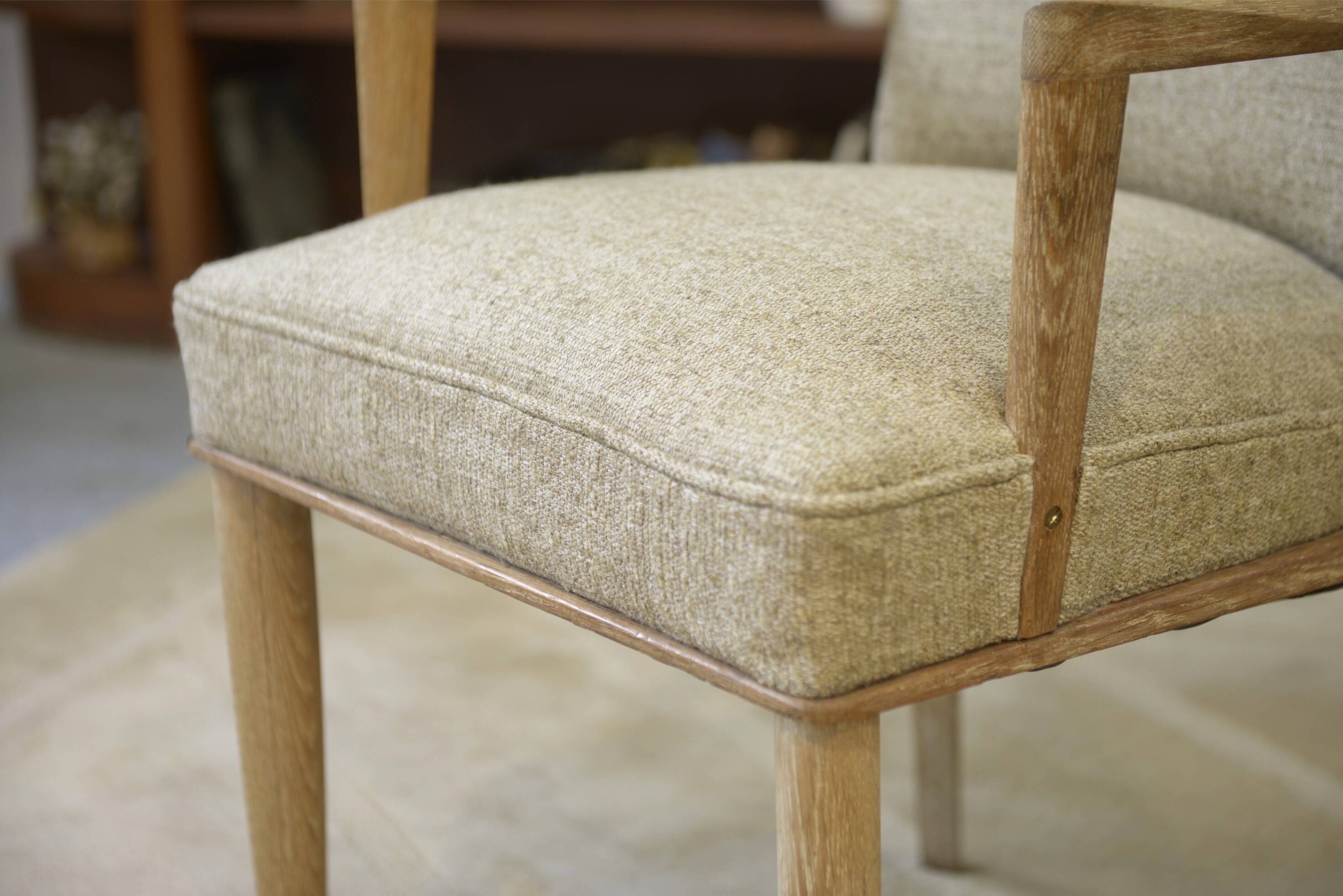 Rare pair of cerused oak armchairs, confidential creation attributed to Suzanne Guiguichon, 1940s.