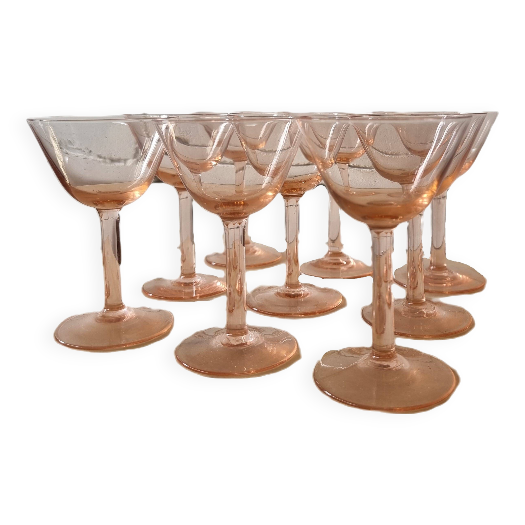 French Pink aperitif glasses set of 9, from the 1930s