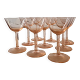 French Pink aperitif glasses set of 9, from the 1930s