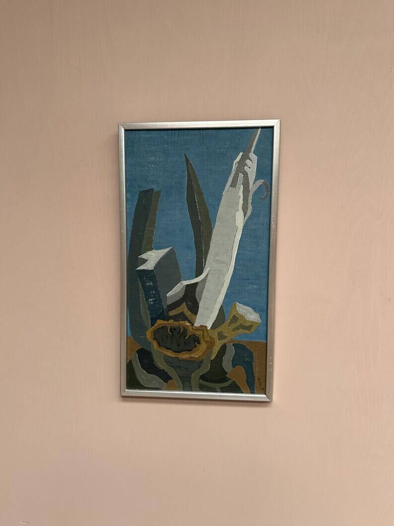 Original Swedish Oil on Canvas – "Aqave" by Marit Wahlström Schönbäck – Signed – Dated 1969 – Framed – 37 × 64 cm