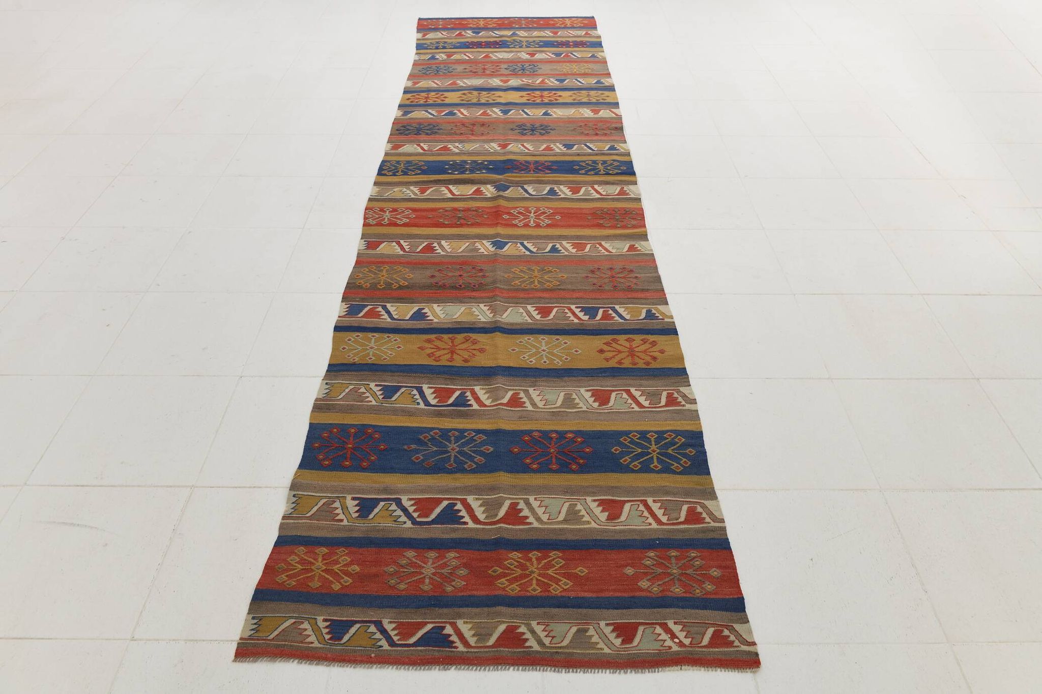 3x14 Navy Blue & Red Kilim Rug, 100x410 Rare Size Kilim Rug,Wool Runner Rug