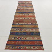 3x14 Navy Blue & Red Kilim Rug, 100x410 Rare Size Kilim Rug,Wool Runner Rug