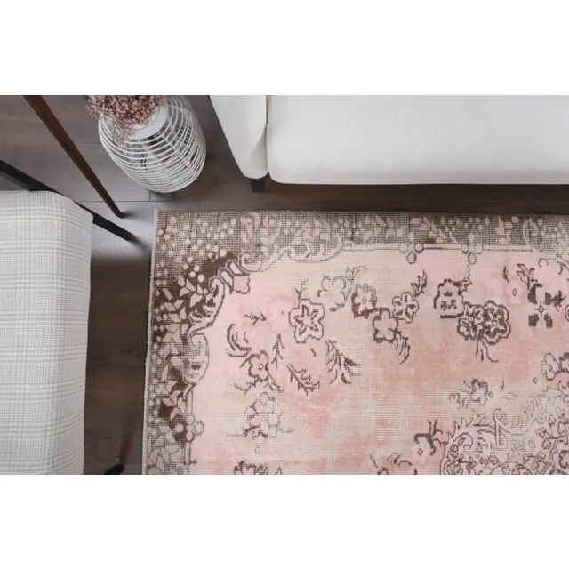 Tapis turc vintage en laine et coton rose noué à la main
