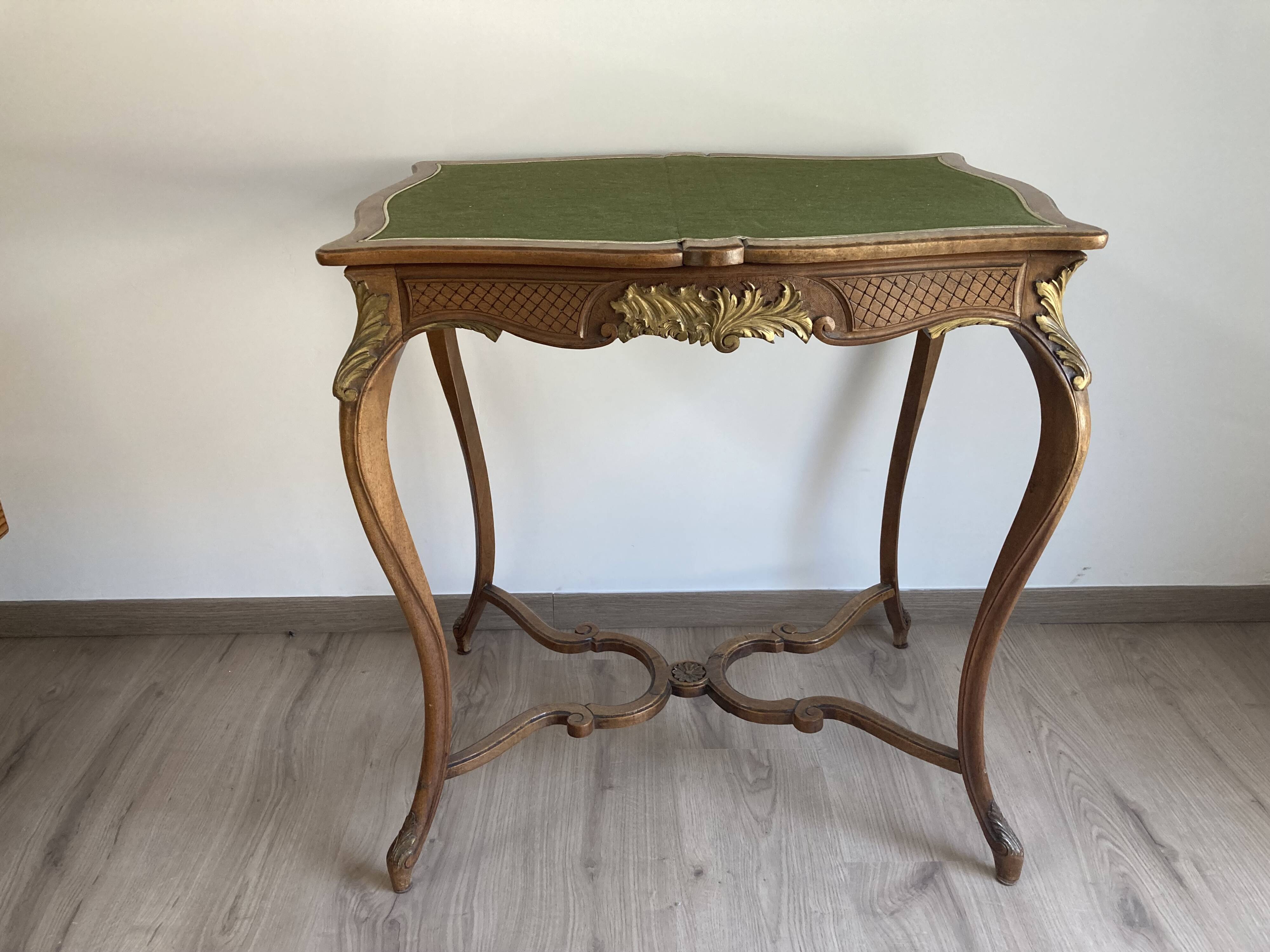 GAME TABLE STYLE LOUIS XV WOOD CARVED CIRCA 1900 GREEN CARPET 2 COMPARTMENTS