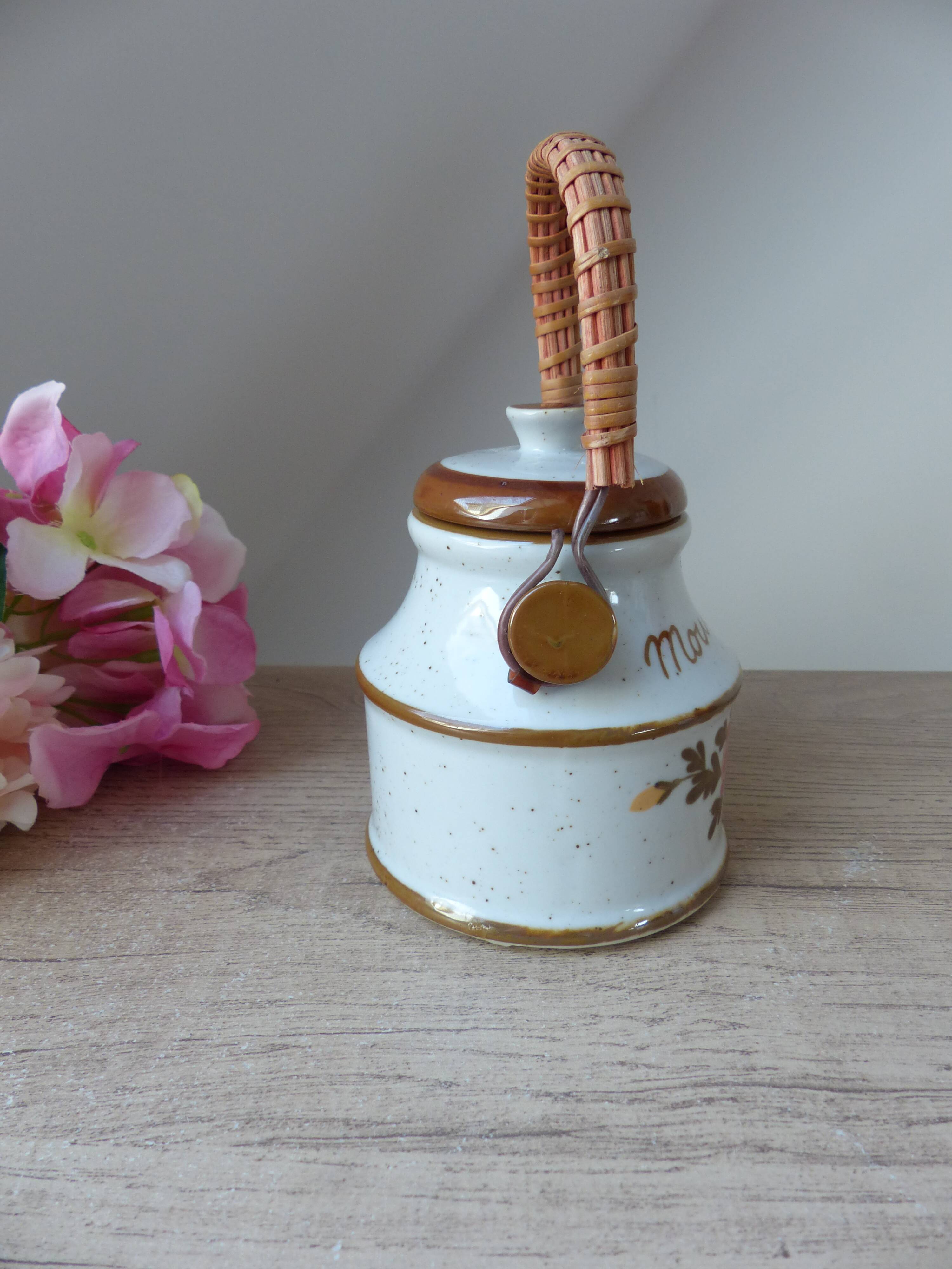 Old Great Mustard Pot with Ceramic Wicker Handle France
