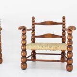 Set of Oak and Rush Bobbin Armchairs Charles Dudouyt style , 1940s