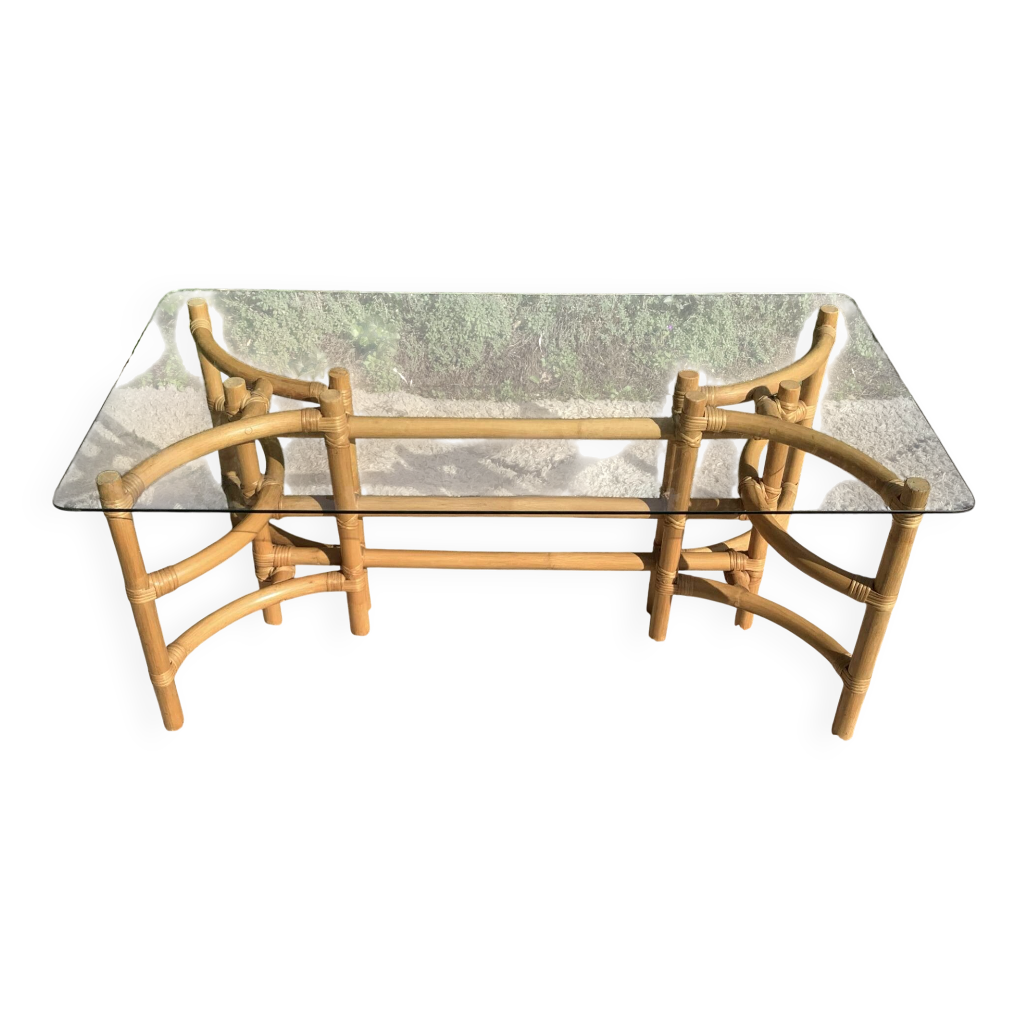 1970s rattan and glass coffee table