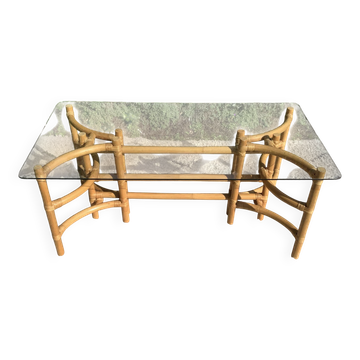 Table basse en rotin et verre années 70