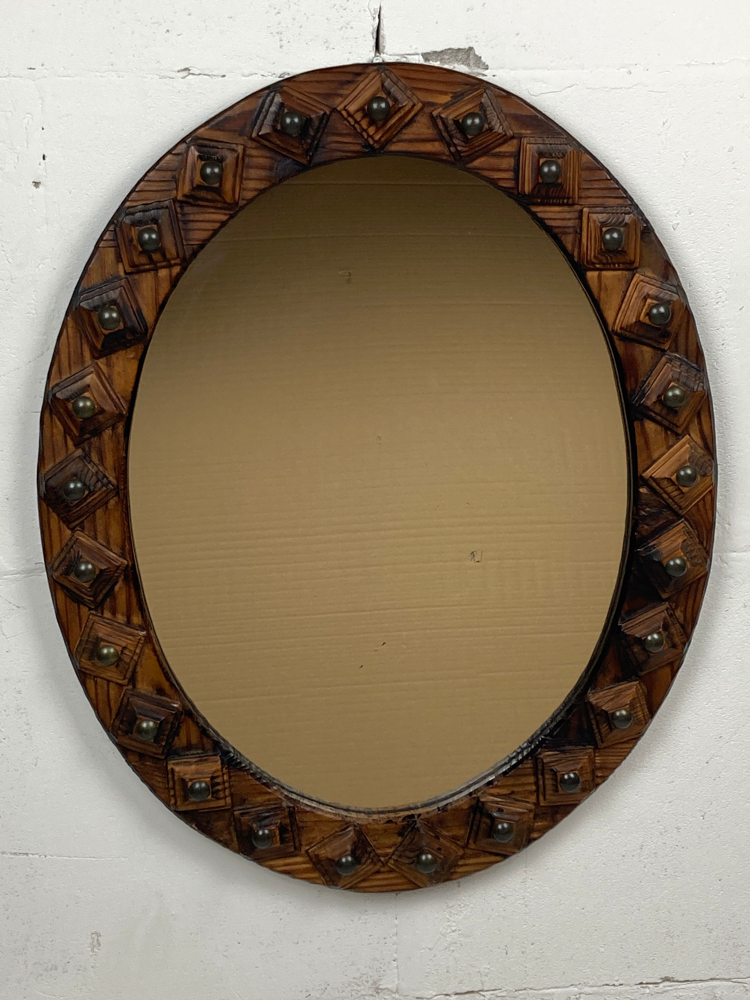 Midcentury brutalist handmade wooden mirror, Belgium 1960s