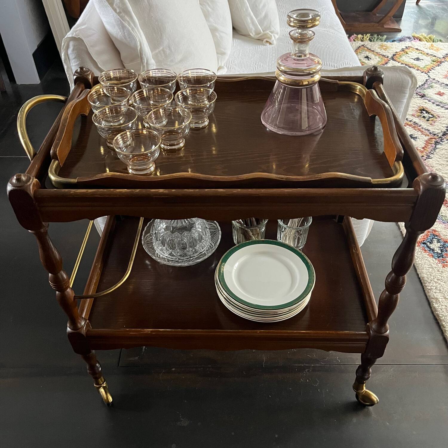 Wooden and brass rolling trolley
